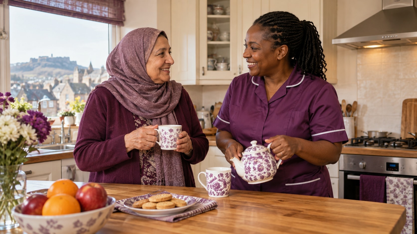 An older woman wearing a headscarf and a care worker making tea together at home.