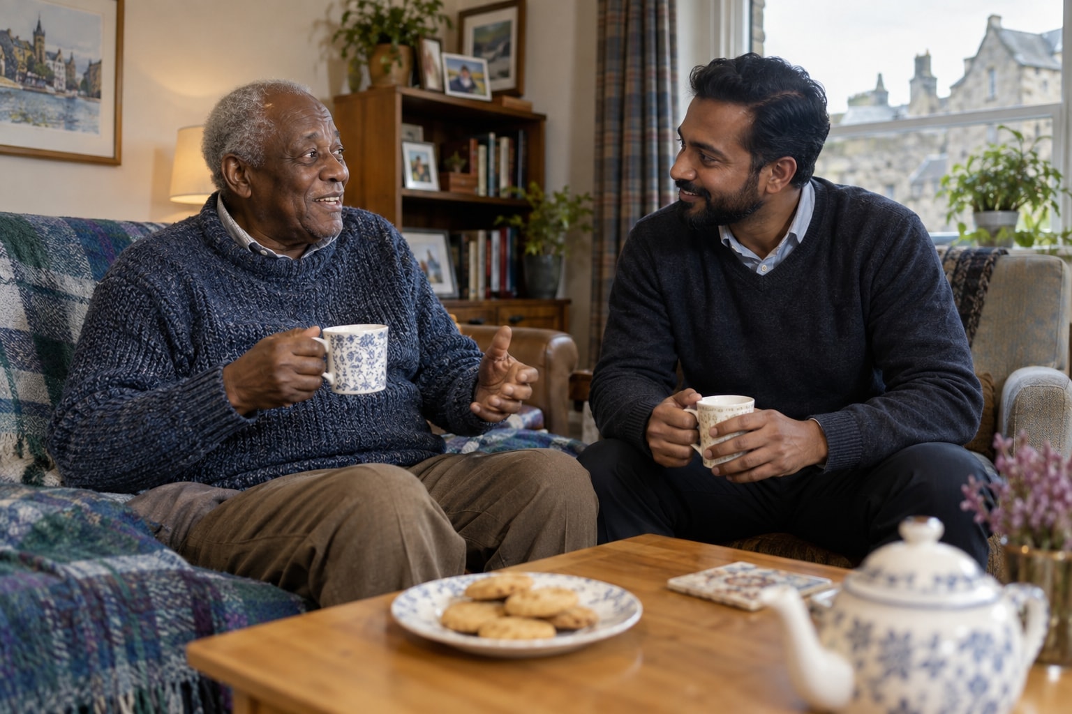 An older Black man and a South Asian companion talking together over tea.
