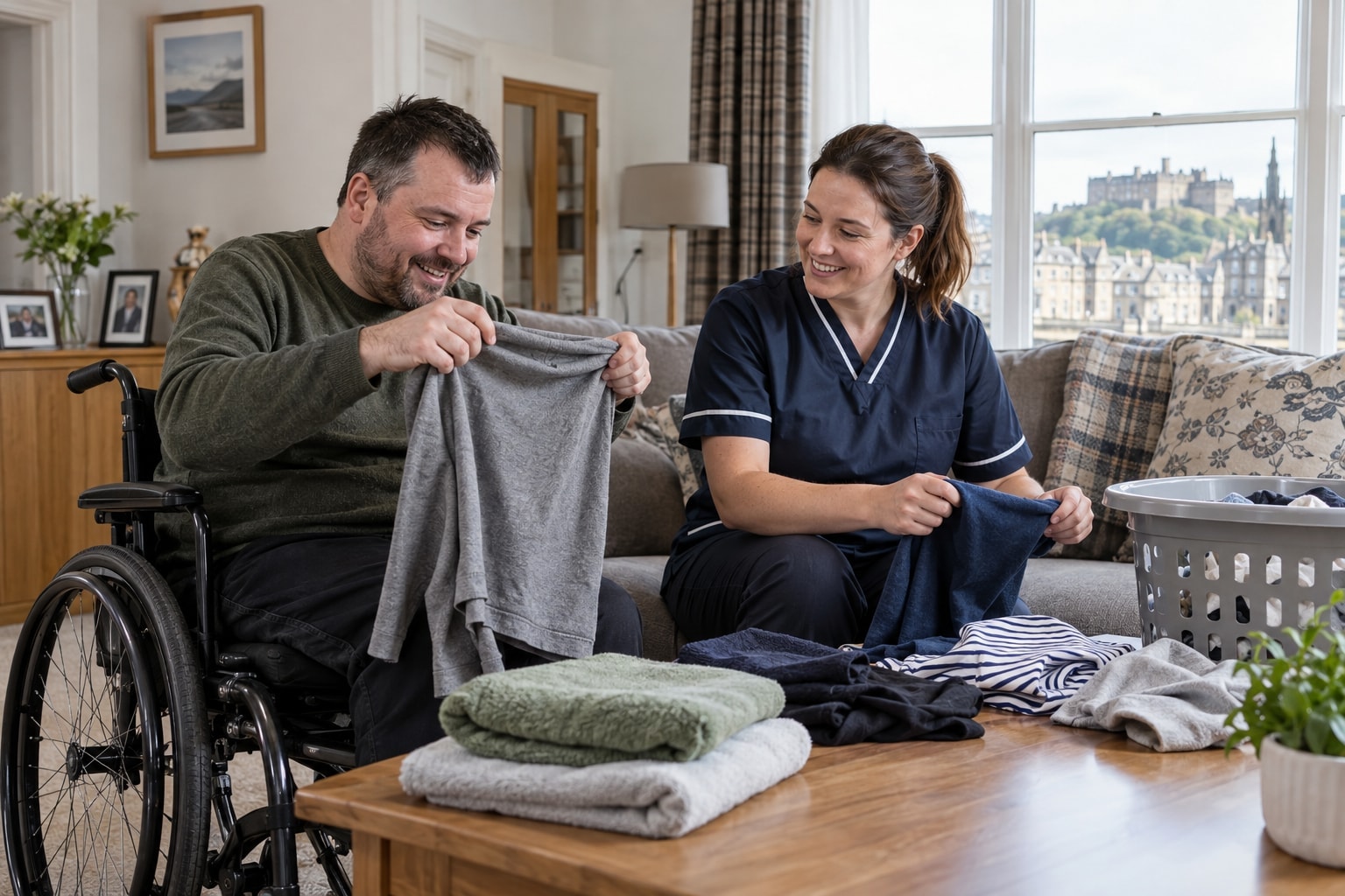 An adult wheelchair user and a support worker doing household tasks together.