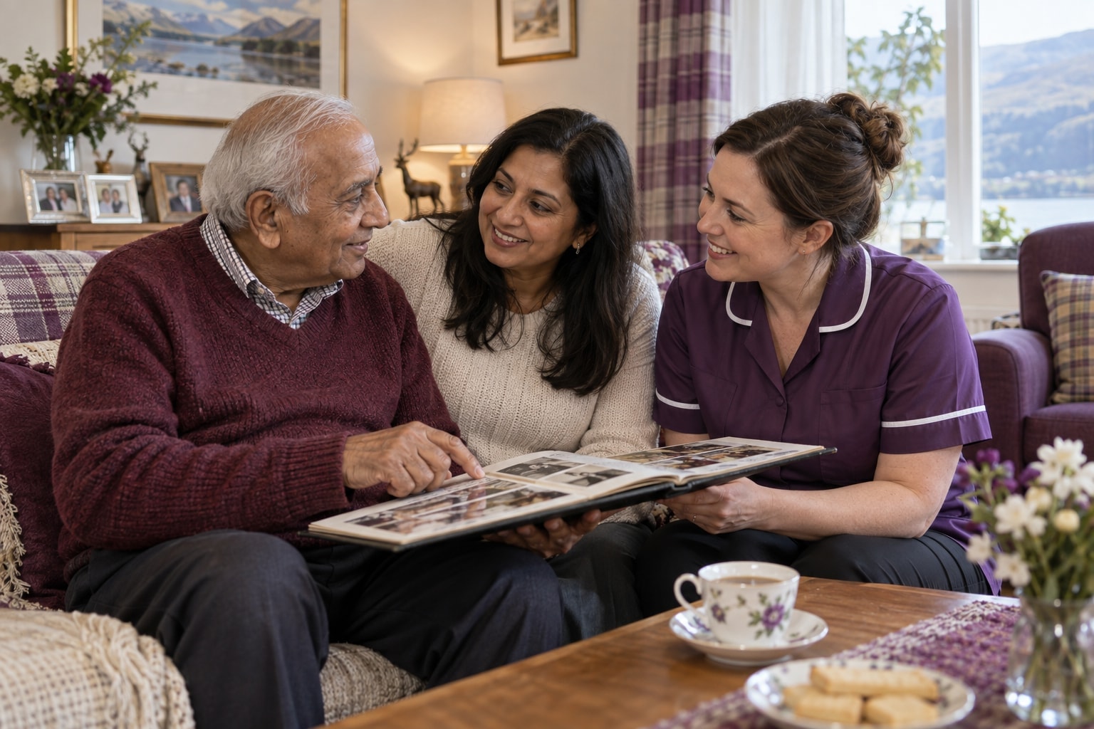 An older Indian man, his daughter and a care worker looking through a family album.