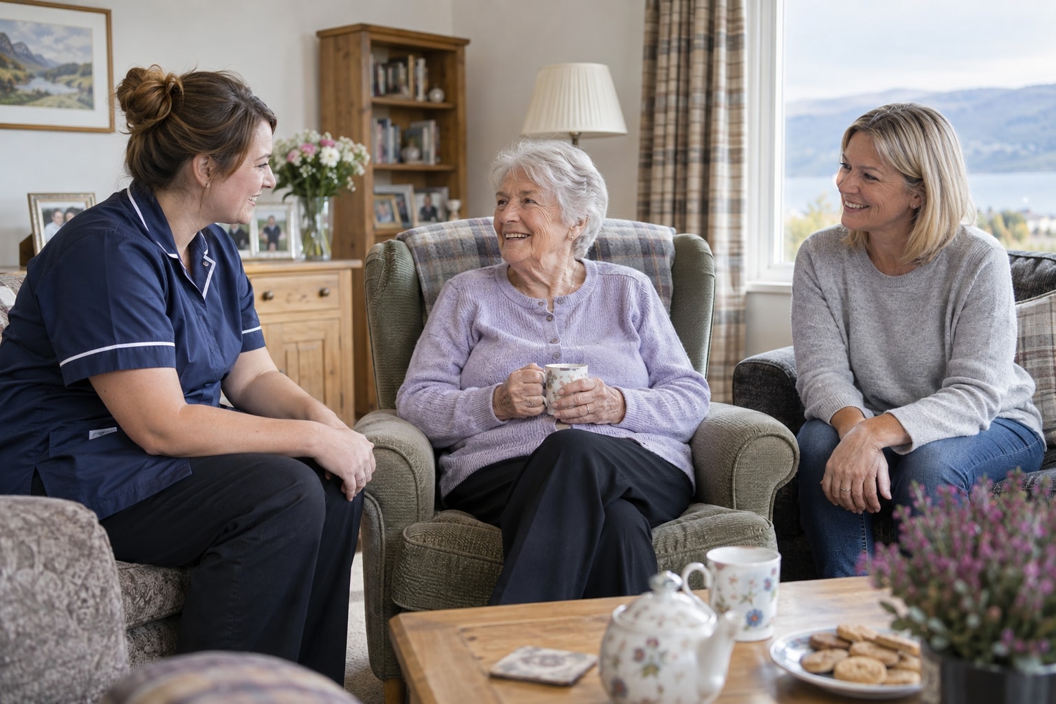 An older woman, her daughter and a care worker talking together at home.