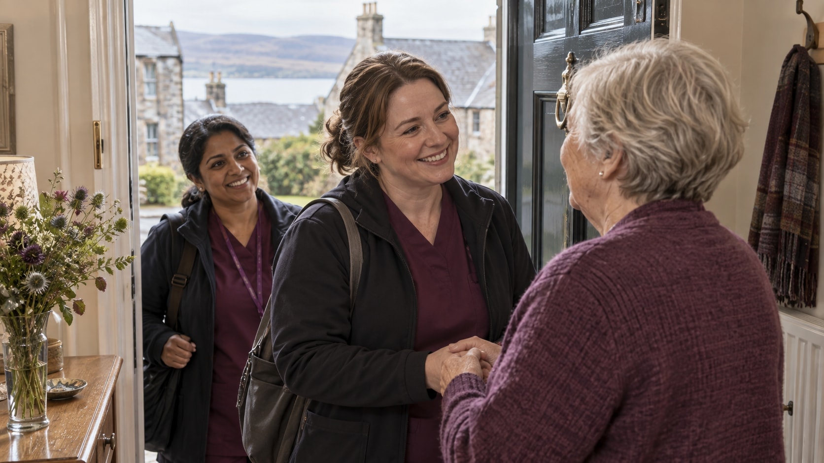 Care workers greeting an older woman warmly at her front door.