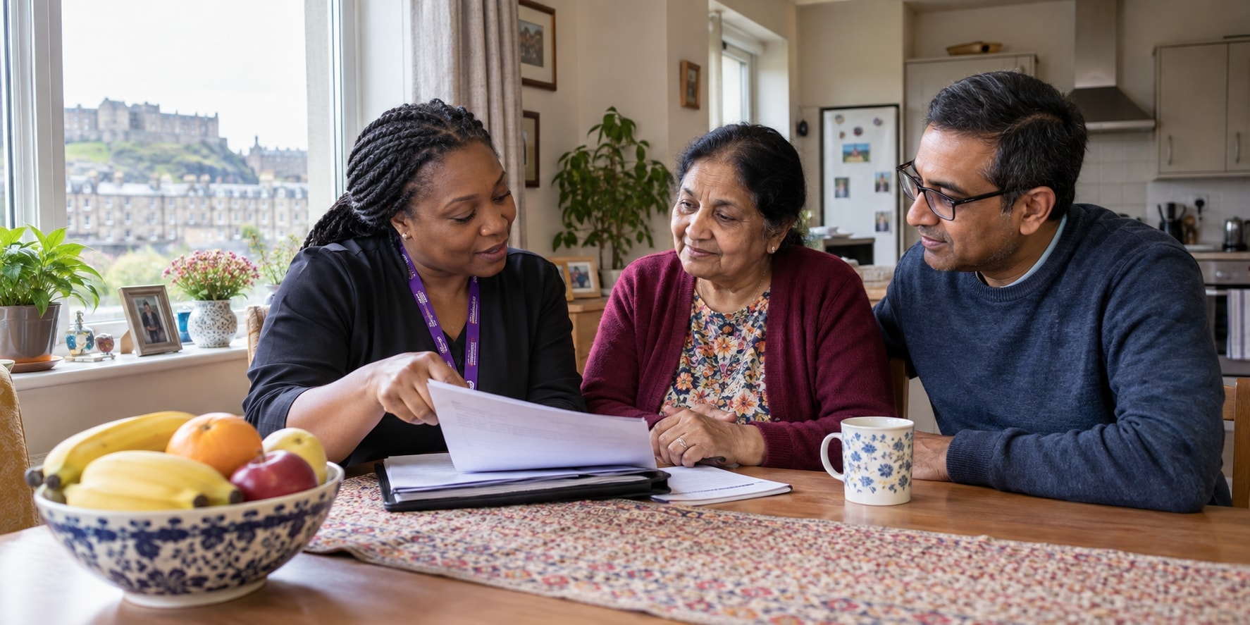 A Black care coordinator discussing a care plan with an Indian older woman and her son.