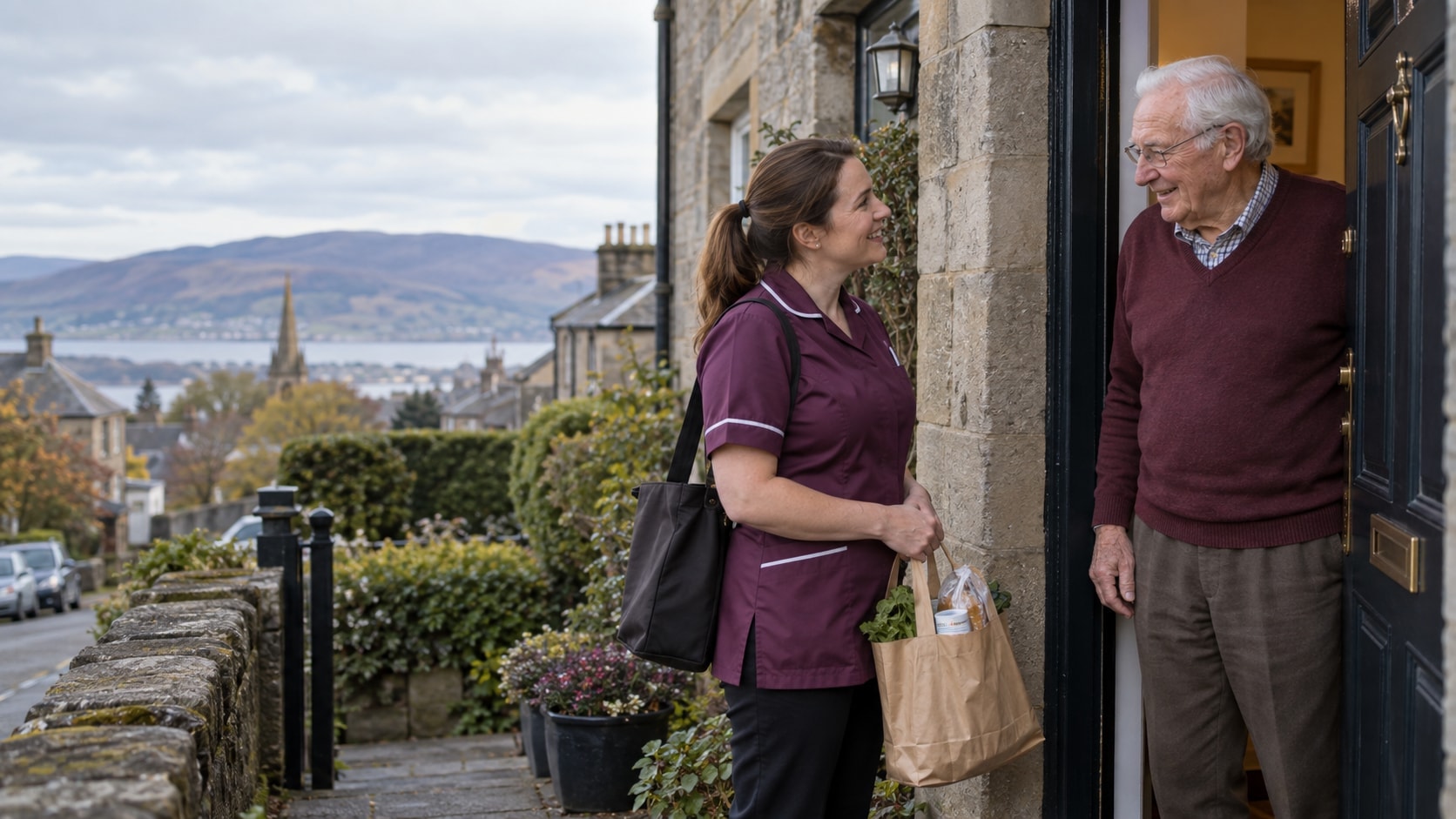 A care worker arriving at an older man’s door with a bag of shopping.