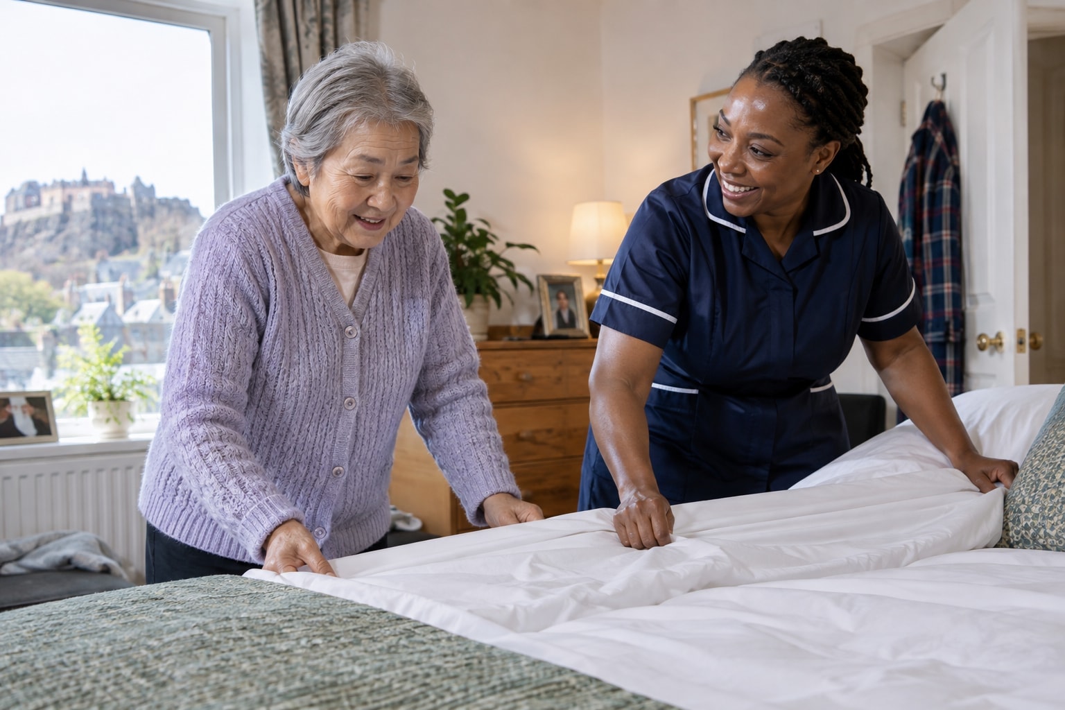 An older East Asian woman and a Black care worker making a bed together.