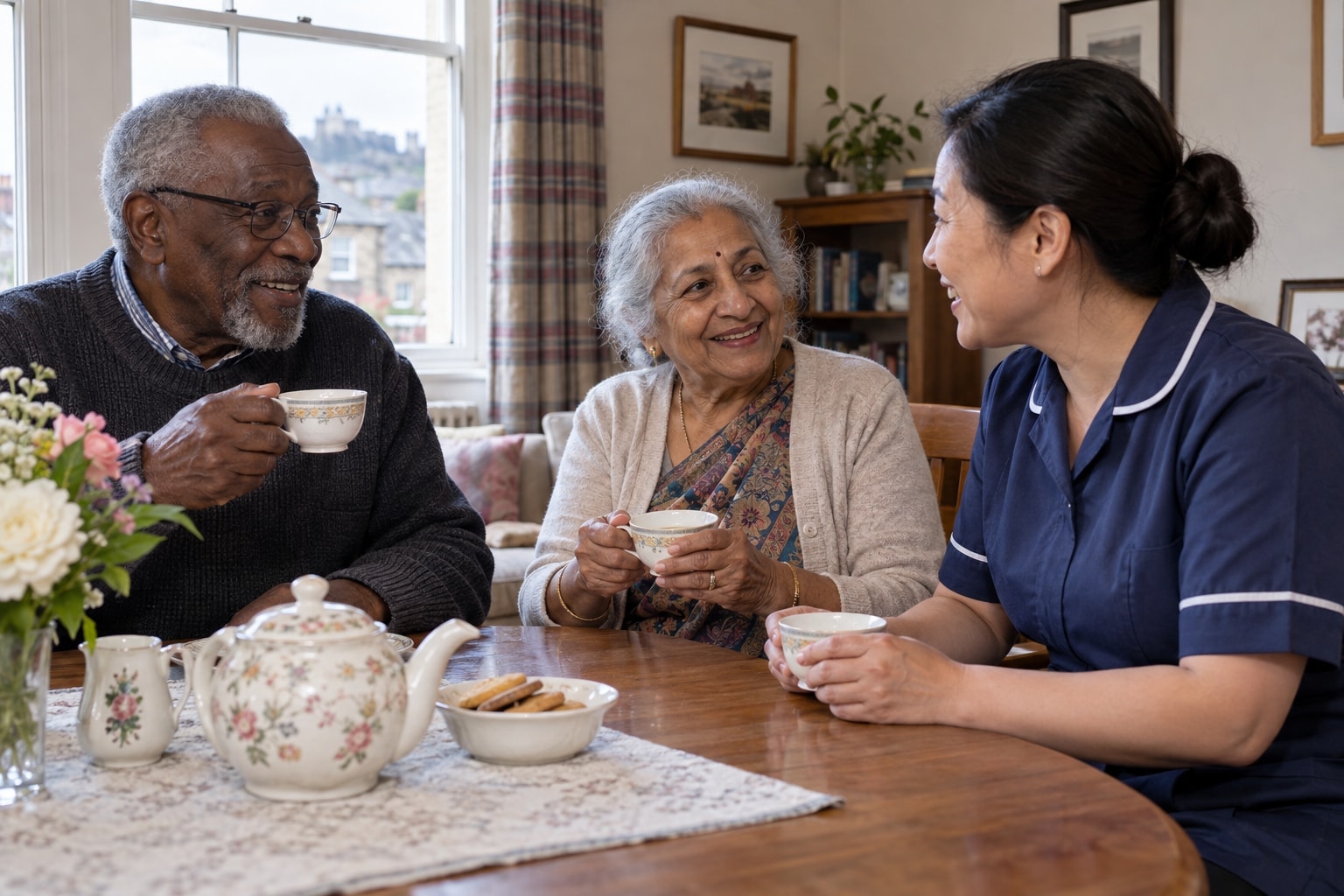 A Black older man, an Indian older woman and an East Asian care worker sharing tea and conversation.