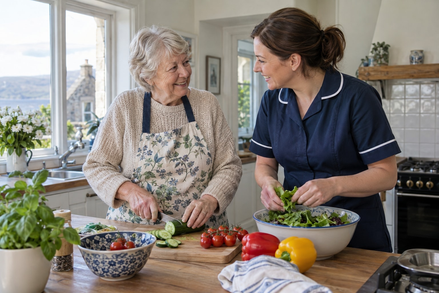 An older woman and a care worker preparing fresh food together in a kitchen.