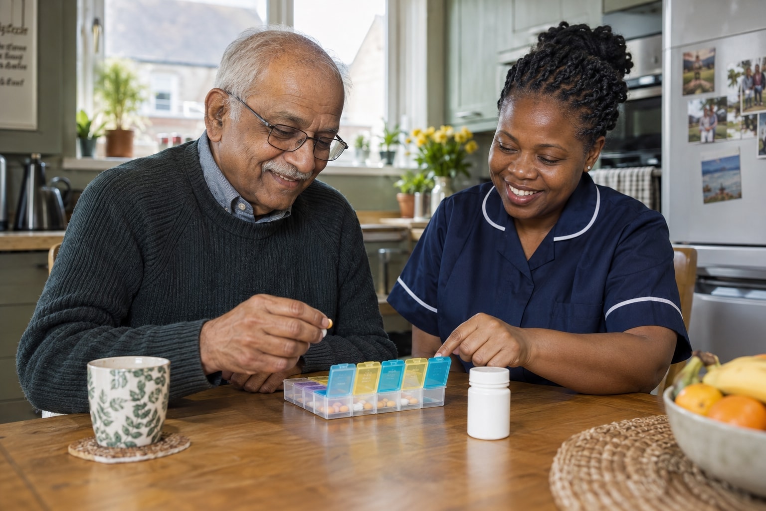 An older Indian man and a Black care worker checking a weekly pill organiser.