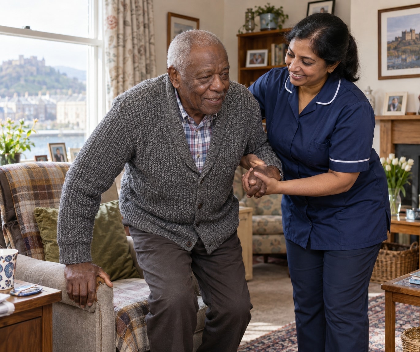 A South Asian care worker helping an older Black man rise safely from his chair.