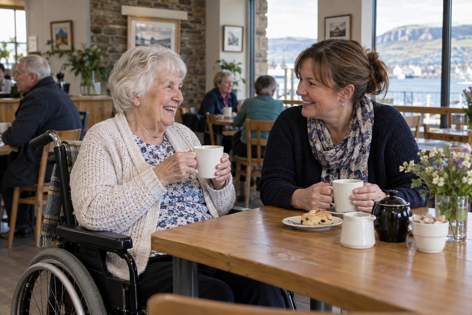 An older wheelchair user sharing a conversation with a companion in a community cafe.