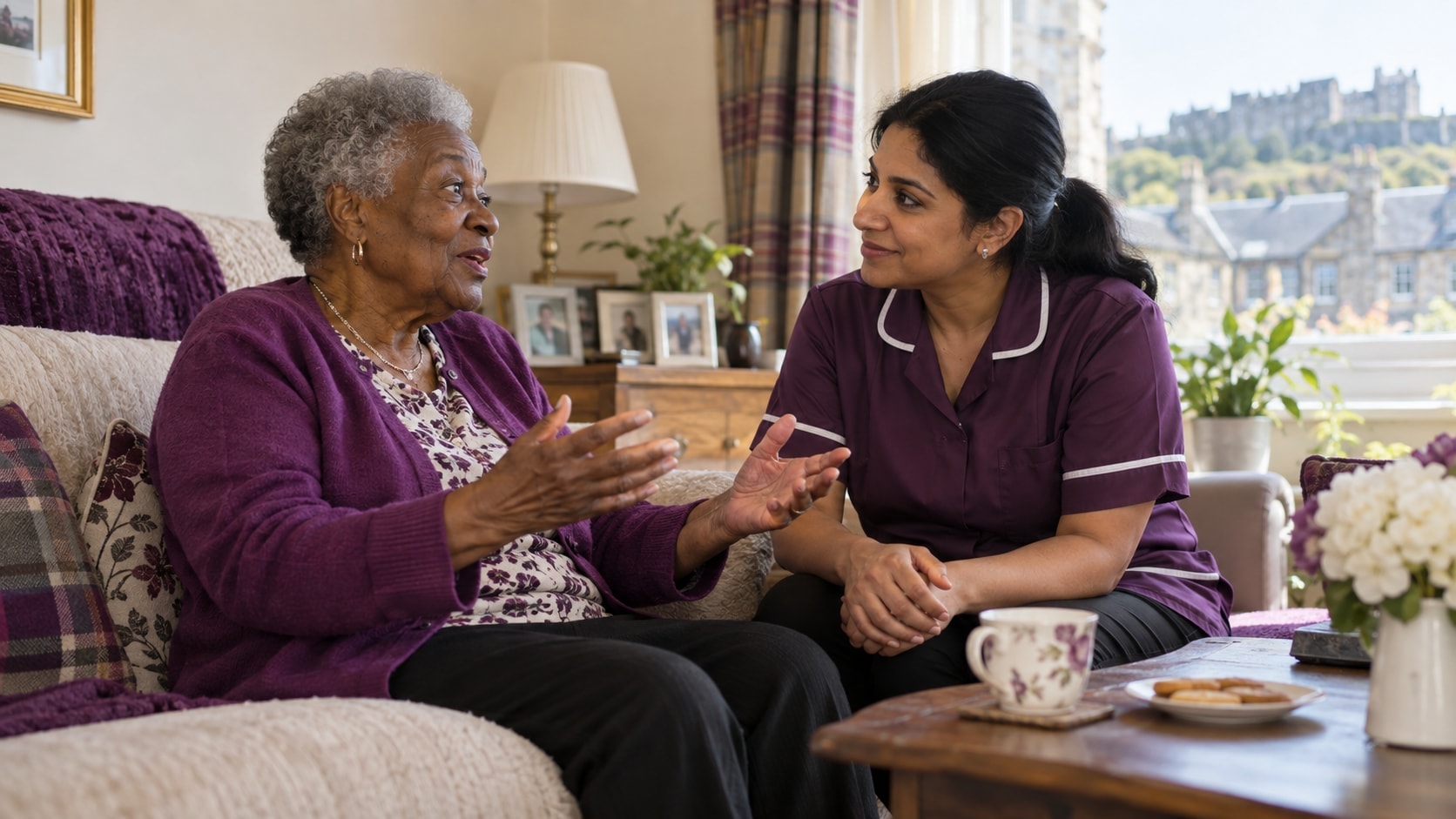 An older Black woman speaking while a South Asian care worker listens closely.