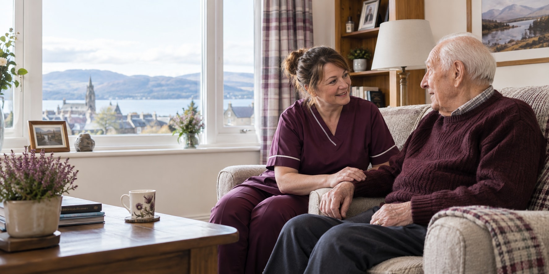A care worker listening to an older man in his living room.