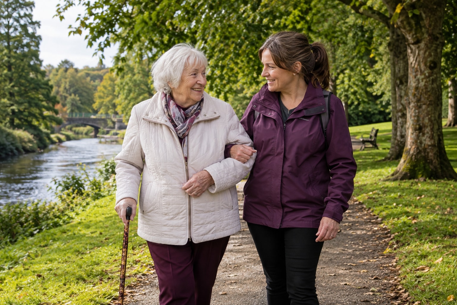 An older woman and a companion walking together on a green path.